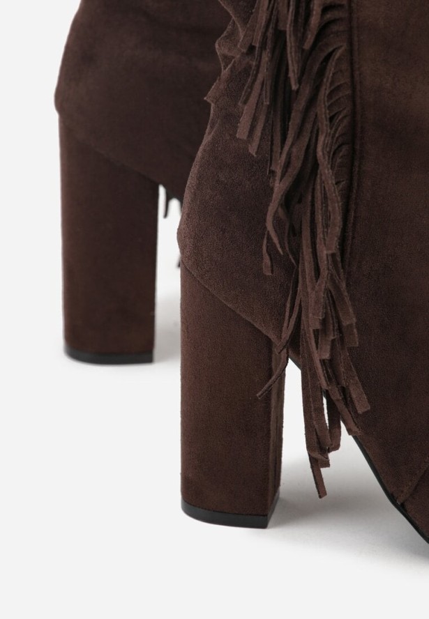 Brązowe Botki w Stylu Kowbojek na Obcasie Ozdobione Frędzlami Reitania