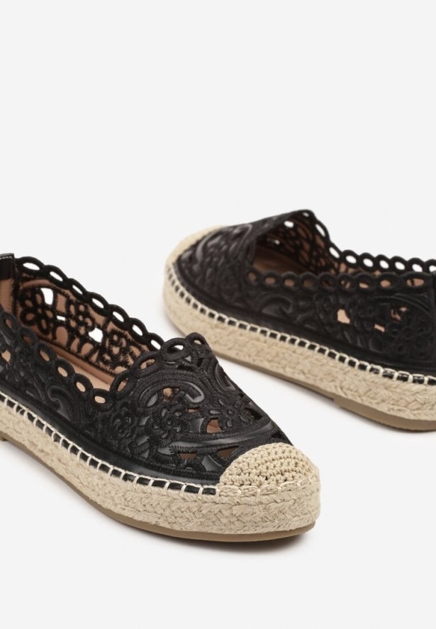 Czarne Ażurowe Espadryle Zdobione Plecionką i Koronką Nelariss