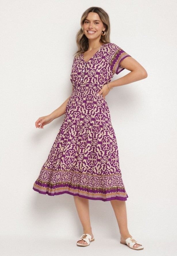 Ciemnofioletowa Bawełniana Sukienka z Gumką w Talii i Guzikami Natiflione