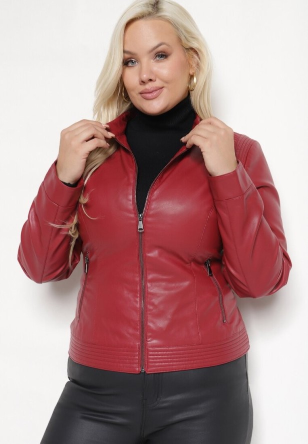 Bordowa Kurtka w Stylu Ramoneski Ozdobiona Paskiem na Nap Ziaira