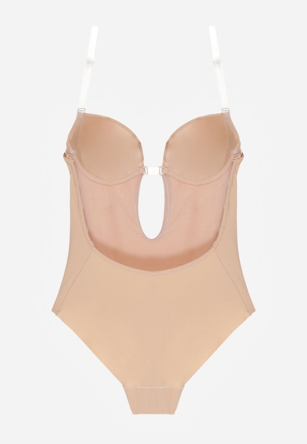 Beżowe Bieliźniane Body z Odkrytymi Plecami i Wyciętym Dekoltem Terise