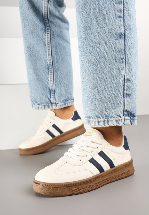 Beżowo-Granatowe Sneakersy Sportowe z Ozdobnymi Paskami i Przeszyciami Wenilan