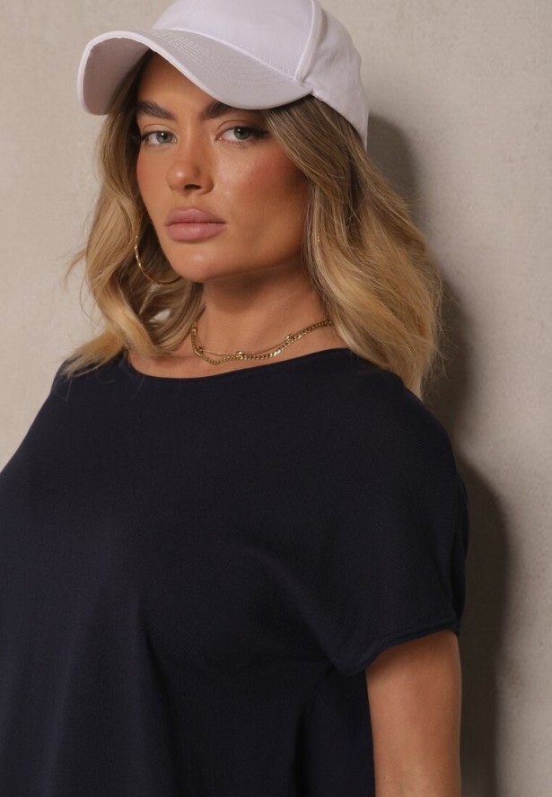 Granatowy Komplet z Wiskozy T-shirt i Spodnie o Szerokim Kroju Larives