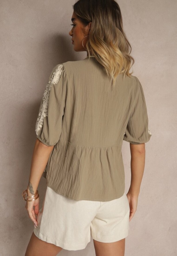 Zielona Wiązana Bluzka z Bawełny z Ozdobnym Haftem Novienira