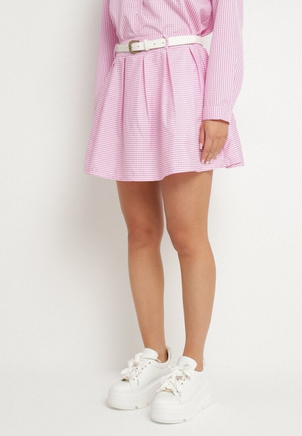 Różowy Komplet Koszula i Rozkloszowana Spódnica Novarene