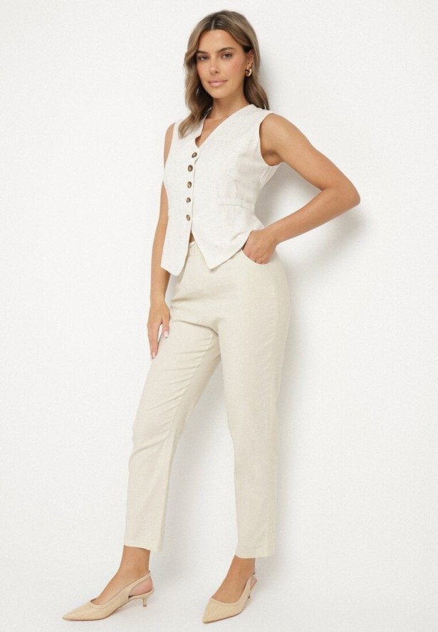 Beżowe Bawełniane Spodnie z Wiązaniem Feltebia