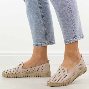 Beżowe ażurowe skórzane Polskie półbuty damskie Deoni D056