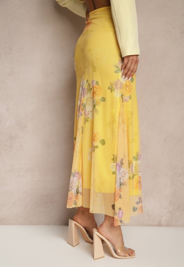 Żółta Spódnica w Kwiatowy Wzór o Rozkloszowanym Kroju Efrirene