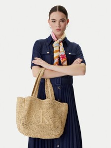 Calvin Klein Torebka Bold Ck Raffia Medium Tote LV04F3447G Beżowy