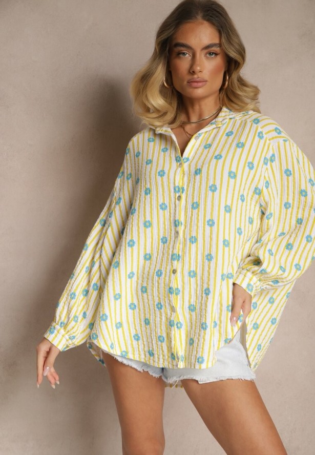 Żółta Koszula z Bawełny ze Wzorem Pasków i Kwiatów Naphera