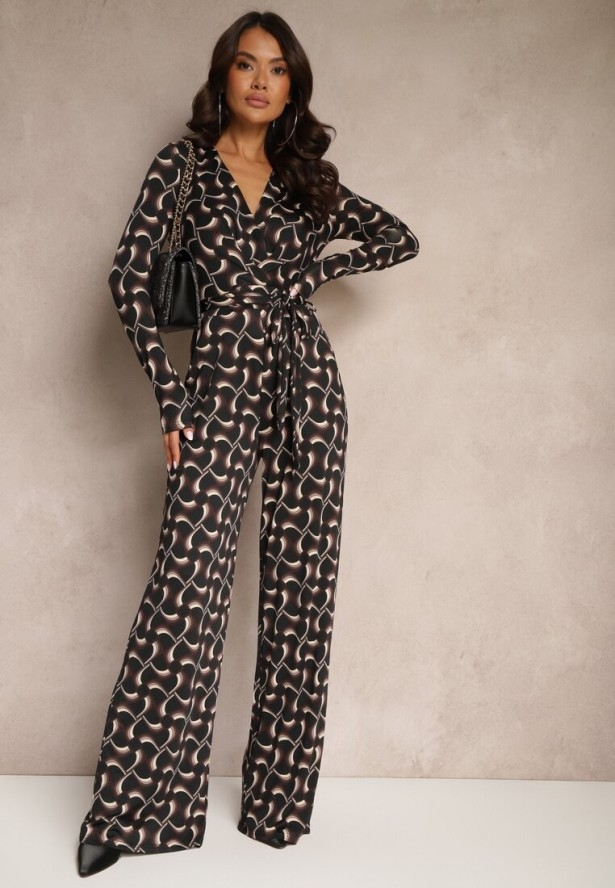 Czarny Kopertowy Kombinezon z Wiskozą z Szerokimi Nogawkami i Paskiem w Geometryczny Wzór Botavia