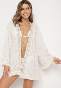 Beżowe Bawełniane Ponczo Plażowe Ozdobione Haftem i Cekinami Naliara