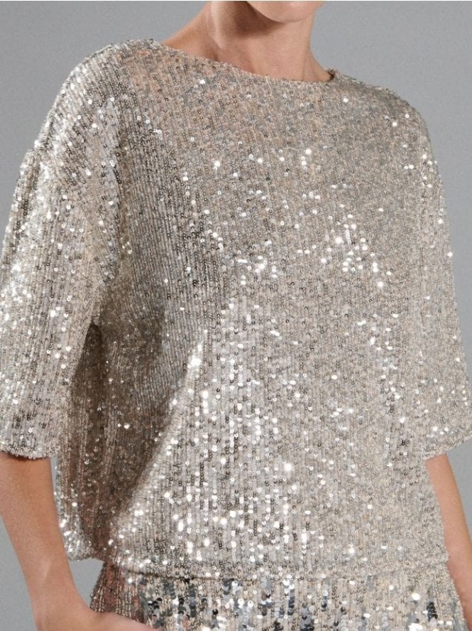 Cekinowa bluzka z krótkim rękawem - srebrny