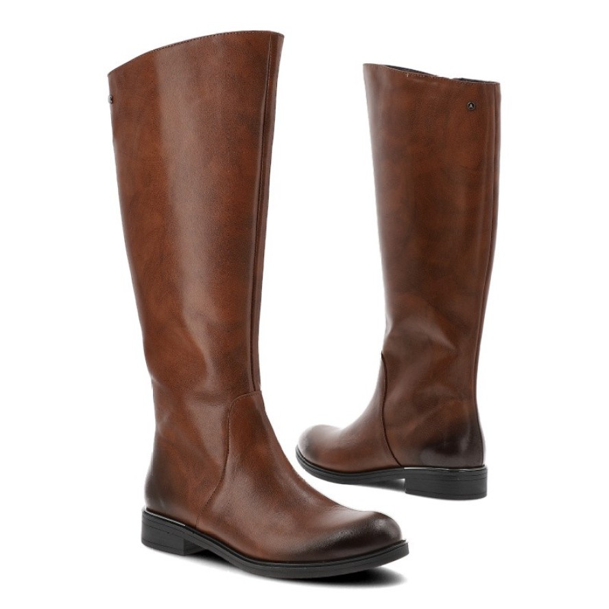 Kozaki damskie Armodo, skórzana wysoka cholewka na zamek z okrągłym noskiem i na płaskim obcasie, rude, 70150-S