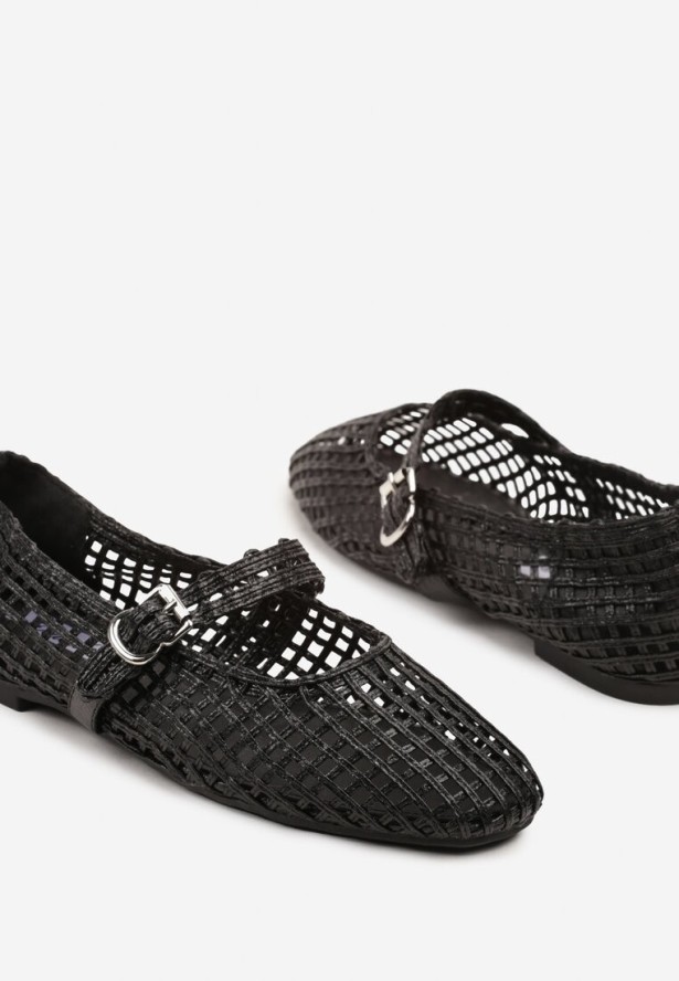 Czarne Ażurowe Balerinki w Stylu Mary Jane z Plecioną Cholewką Deraelle