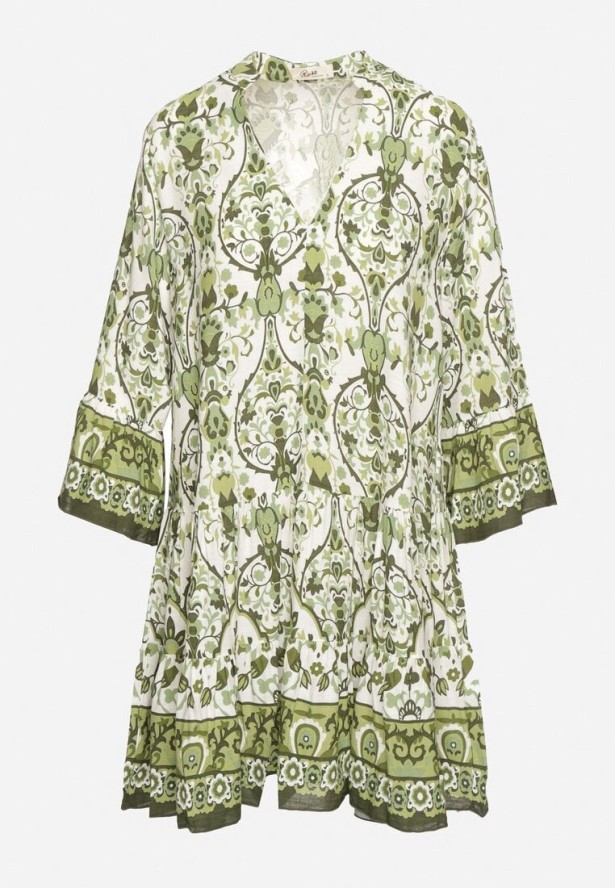Zielona Rozkloszowana Sukienka z Wiskozą w Ornamentalny Wzór Ravapia