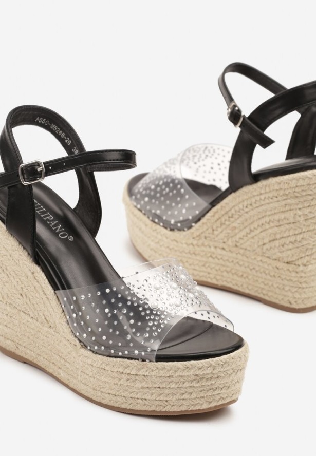 Czarne Przezroczyste Sandały na Koturnie z Plecionką i Cyrkoniami Alulia