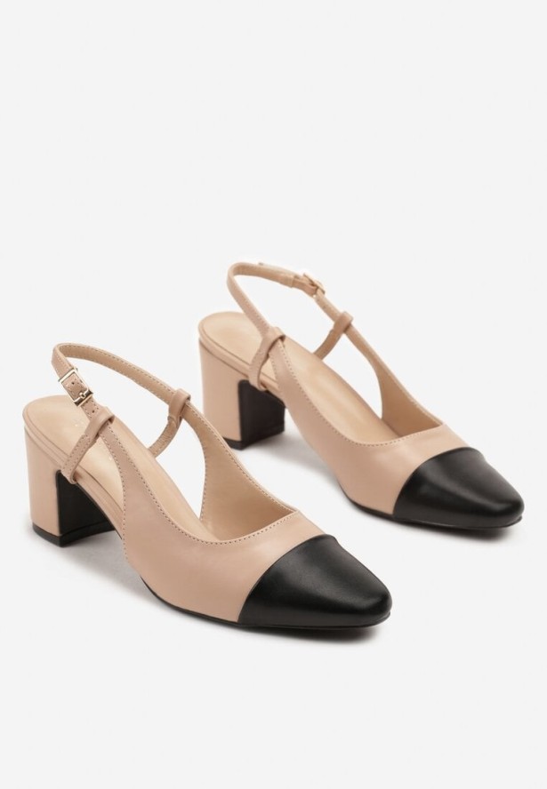 Czarno-Beżowe Sandały ma Kwadratowym Słupku ze Sprzączką i Noskiem z Detalem Tuvea