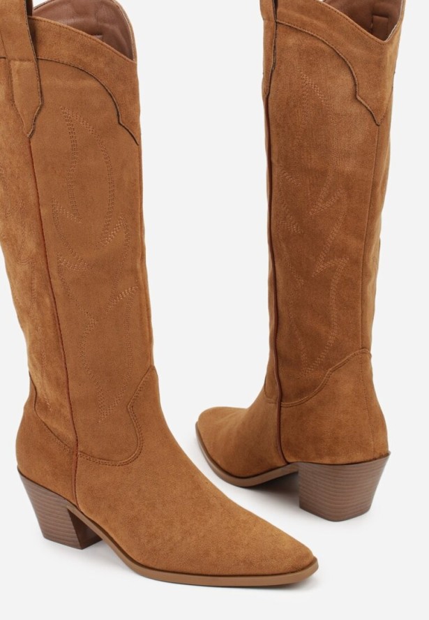 Jasnobrązowe Kozaki Kowbojki na Stożku z Haftem na Cholewce Gallessa