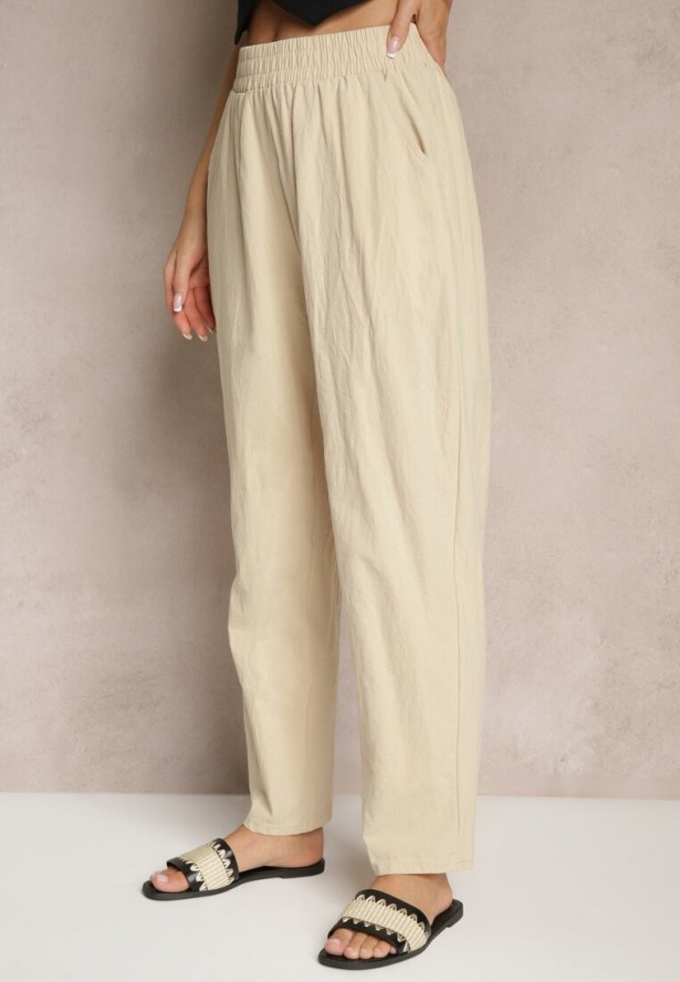 Beżowe Spodnie z Bawełny High Waist Sonirea