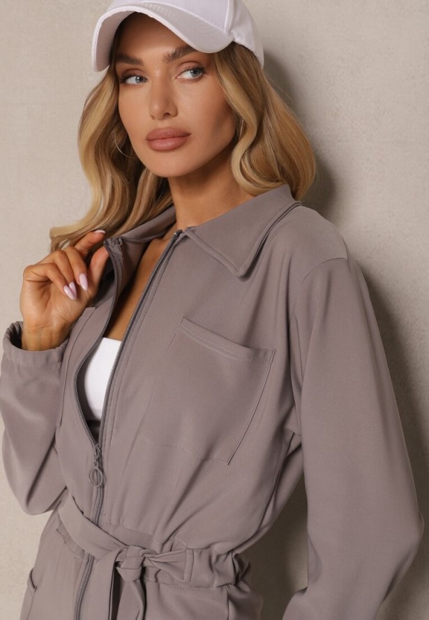 Szary Kombinezon z Elastyczną Gumką w Pasie z Dodatkowym Wiązaniem o Luźnym Kroju Creera