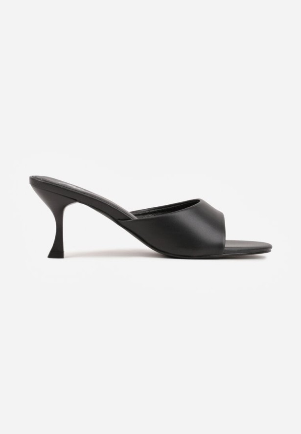 Czarne Klapki Peep Toe na Niskiej Szpilce Carinatia