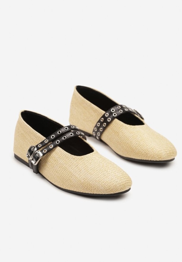 Beżowe Balerinki z Tweedowym Akcentem i Dwiem Sprzączkami Gavirna