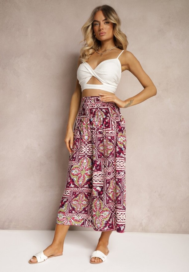 Fioletowe Spodnie Kuloty z Bawełny High Waist z Gumką w Pasie Palovia