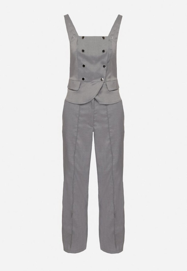 Szary Komplet Garniturowy Dwurzędowy Top i Spodnie Normoi