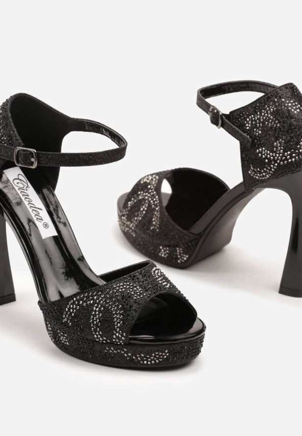 Czarne Sandały na Szpilce z Brokatem i Cyrkoniami Fenanora
