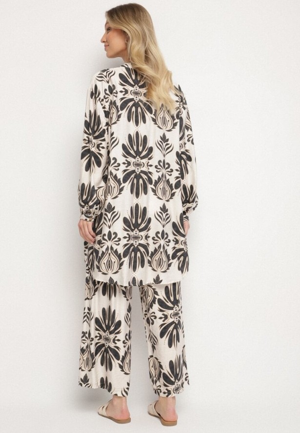 Czarno-Beżowy Komplet z Wiskozą w Etniczny Wzór Długa Koszula i Szerokie Spodnie Rindira
