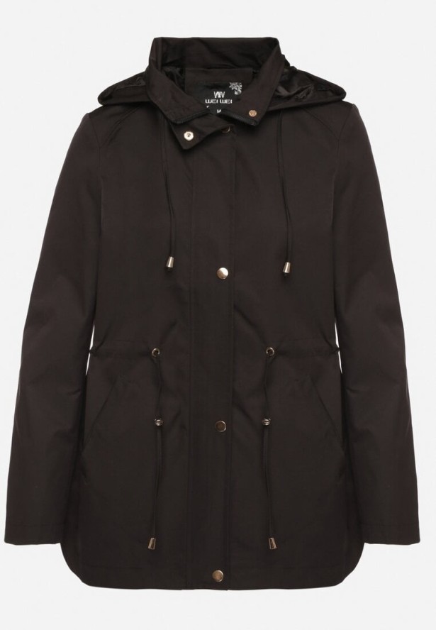 Czarna Kurtka Parka ze Ściągaczem w Talii i Odpinanym Kapturem Elanoreta