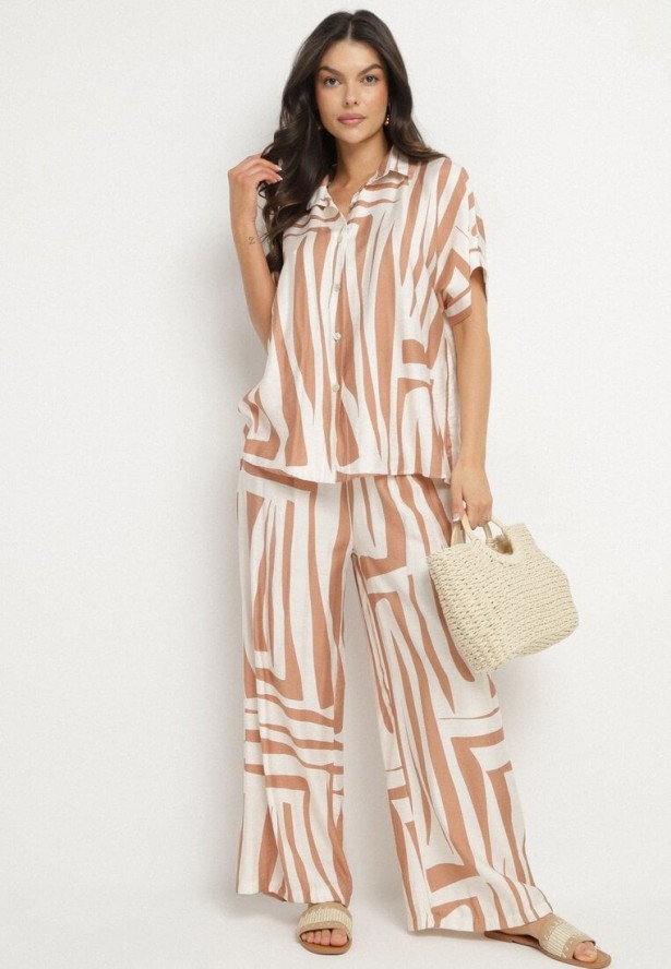 Beżowy Komplet Oversize z Lnem Koszula z Krótkim Rękawem i Szerokie Spodnie Mirolena