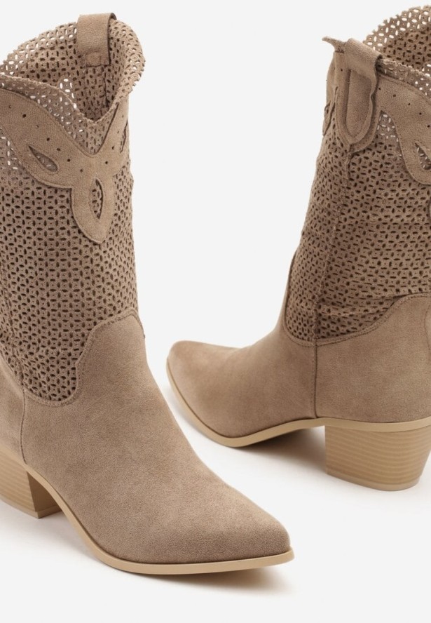 Ciemnobeżowe Ażurowe Botki na Obcasie w Stylu Kowbojek Felorwen