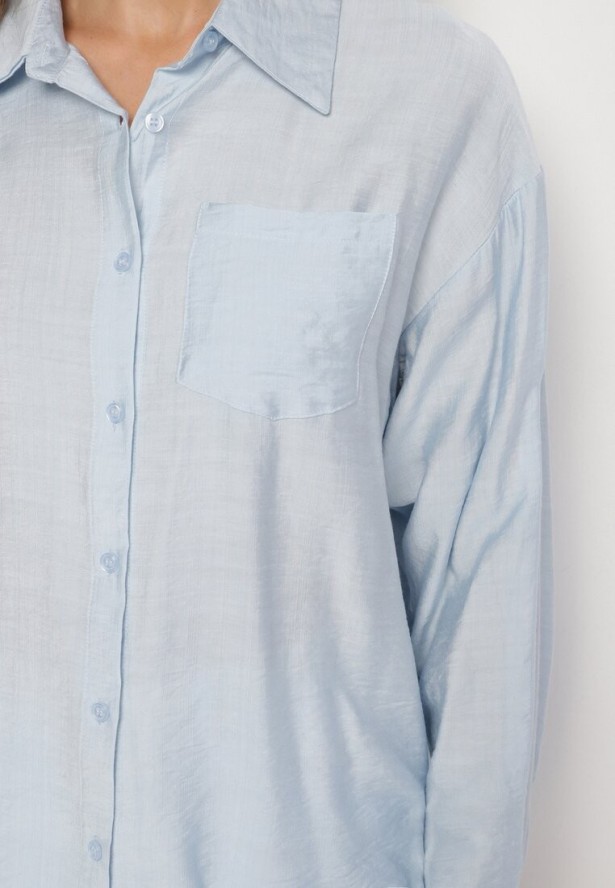 Jasnoniebieska Wiskozowa Koszula Ozdobiona Kieszonką Dovesse