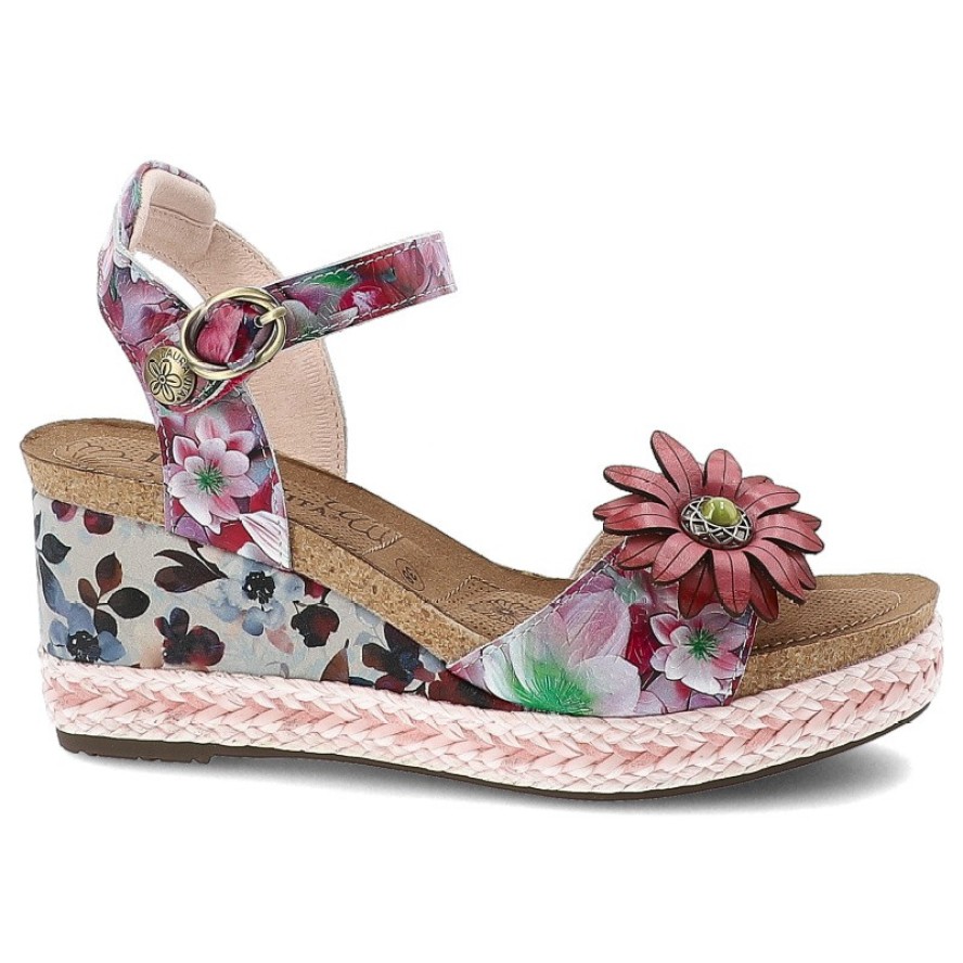 Sandały damskie Laura Vita, ze skóry naturalnej i podwyższona podeszwa na koturnie z plecionym wykończeniem, różowe, Facyo 75 AC1198-75 Lilas