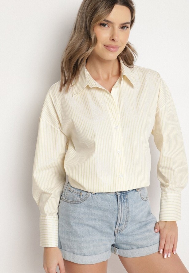 Żółta Bawełniana Koszula Oversize w Prążki Zdobiona Metaliczną Nicią Paserella