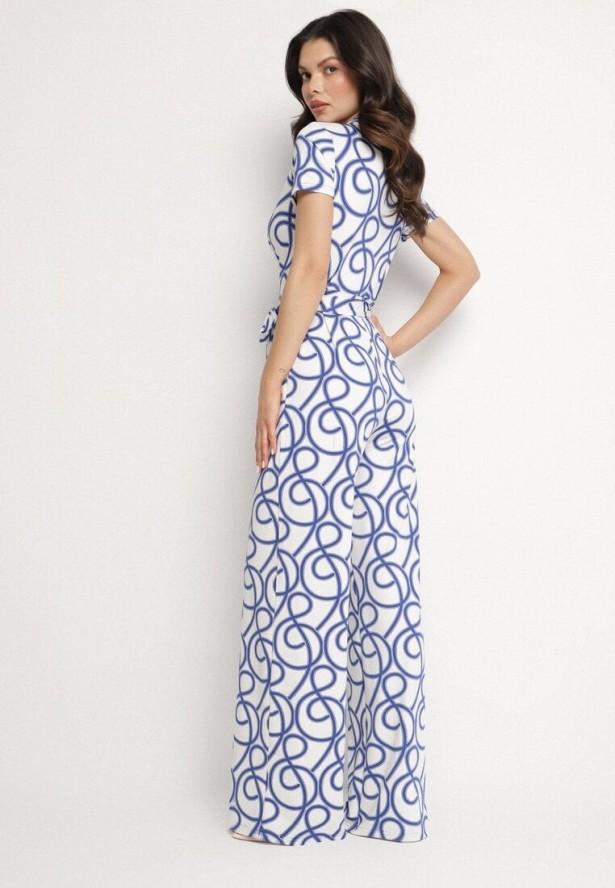 Niebieski Kombinezon z Wiskozą o Kopertowym Kroju w Abstrakcyjny Wzór Evivira