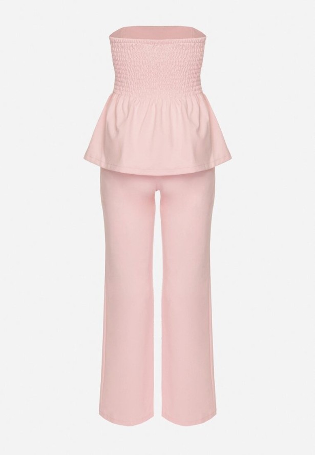 Różowy Komplet Top z Baskinką i Ozdobnymi Guzikami i Szerokie Spodnie Palesia