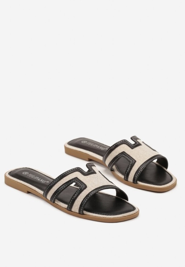 Czarno-Beżowe Klasyczne Klapki na Płaskiej Podeszwie Idorelle