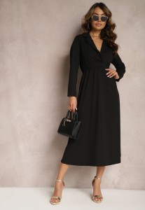 Czarna Sukienka Midi o Rozkloszowanym Fasonie z Trójkątnym Dekoltem i Gumką w Pasie Lunaia