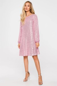 Sukienka cekinowa trapezowa z paskiem błyszcząca różowa