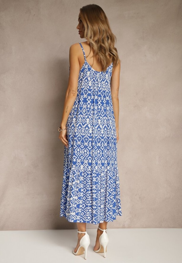 Niebieska Bawełniana Sukienka w Geometryczny Wzór Koloniela