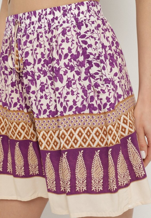 Fioletowe Bawełniane Szorty z Wysokim Stanem w Kwiaty Kolessa