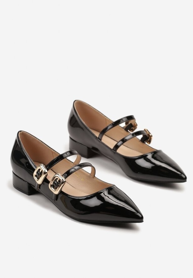 Czarne Czółenka Lakierowane ze Szpiczastym Noskiem i Klamrami Odilissa