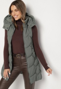 Zielona Kamizelka z Odpinanym Kapturem Ozdobiona Pikowaniem Tulira