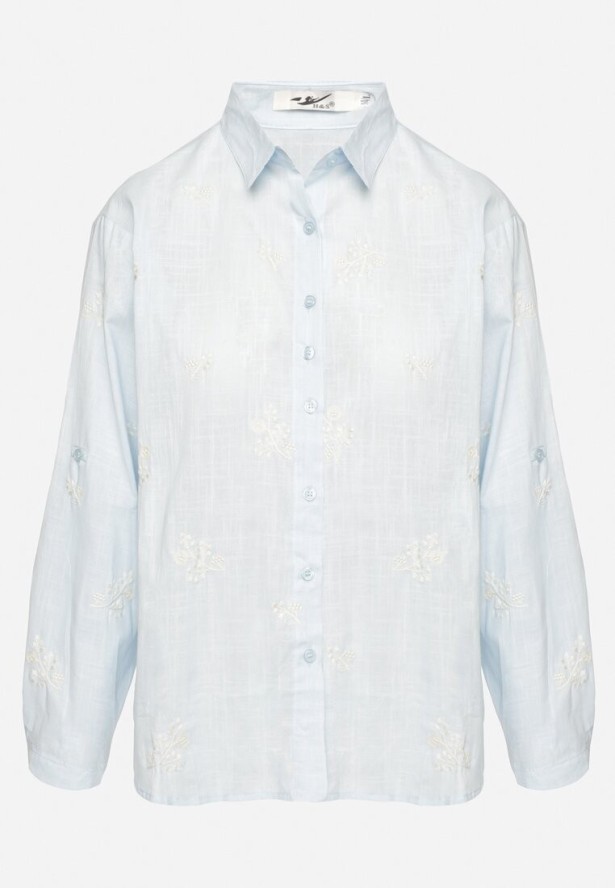 Niebieska Bawełniana Koszula z Regulowanymi Rękawami Domira