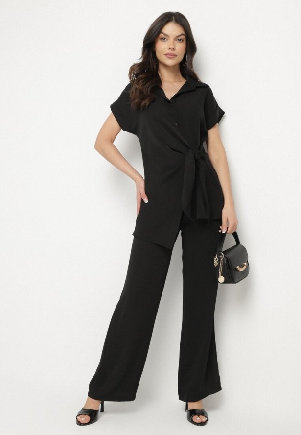 Czarny Komplet Koszula z Asymetrycznym Wiązaniem i Szerokie Spodnie Filivara