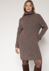 Jasnobrązowa Sukienka Sweterkowa z Golfem z Wiskozą i Wełną Fedamira