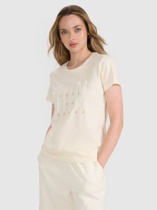 4F T-shirt regular z nadrukiem damski - beżowy XS